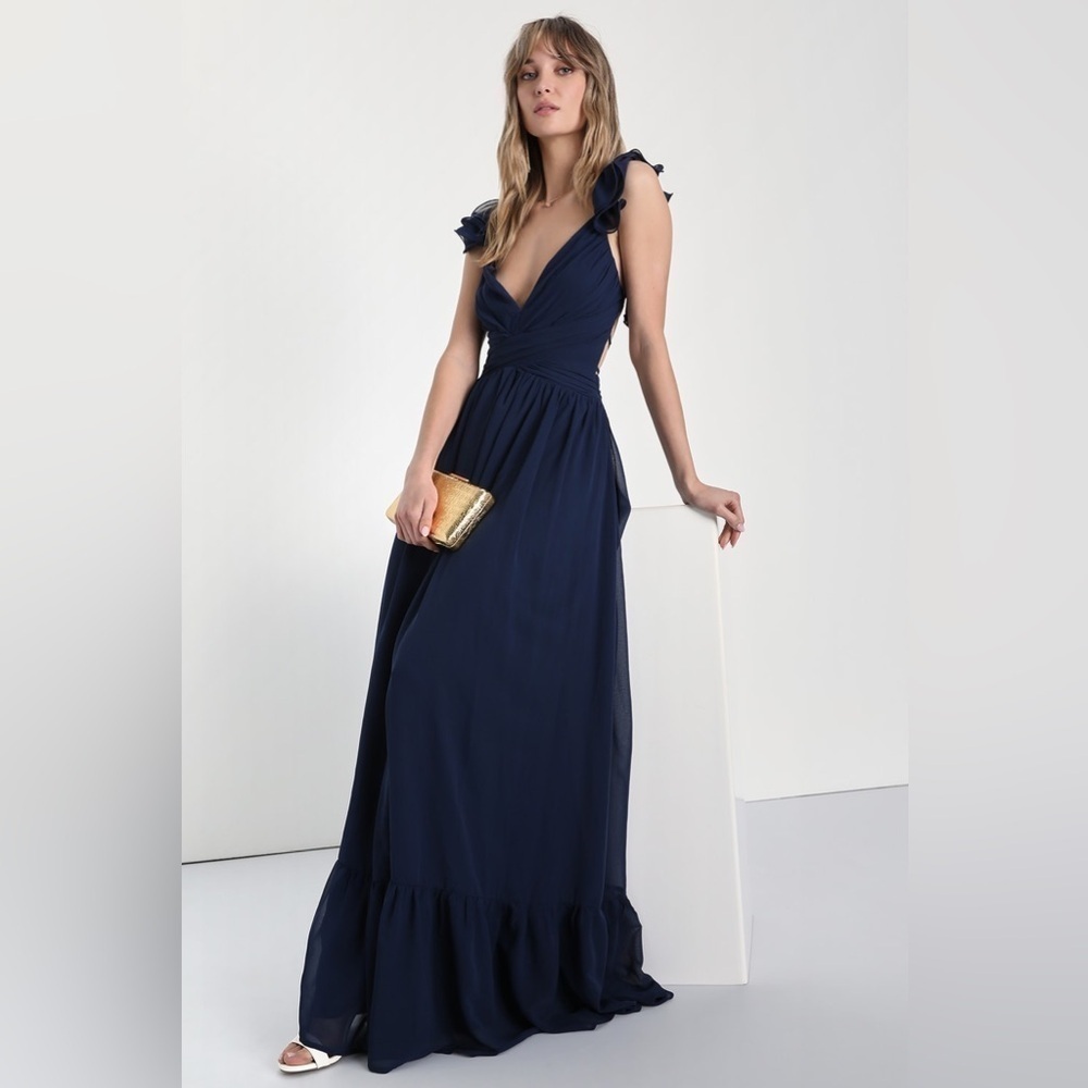 Size S - Lulus Soiree Celebration‎ Navy Blue Ruffled Lace-Up Maxi Dress - Picture 4 of 8